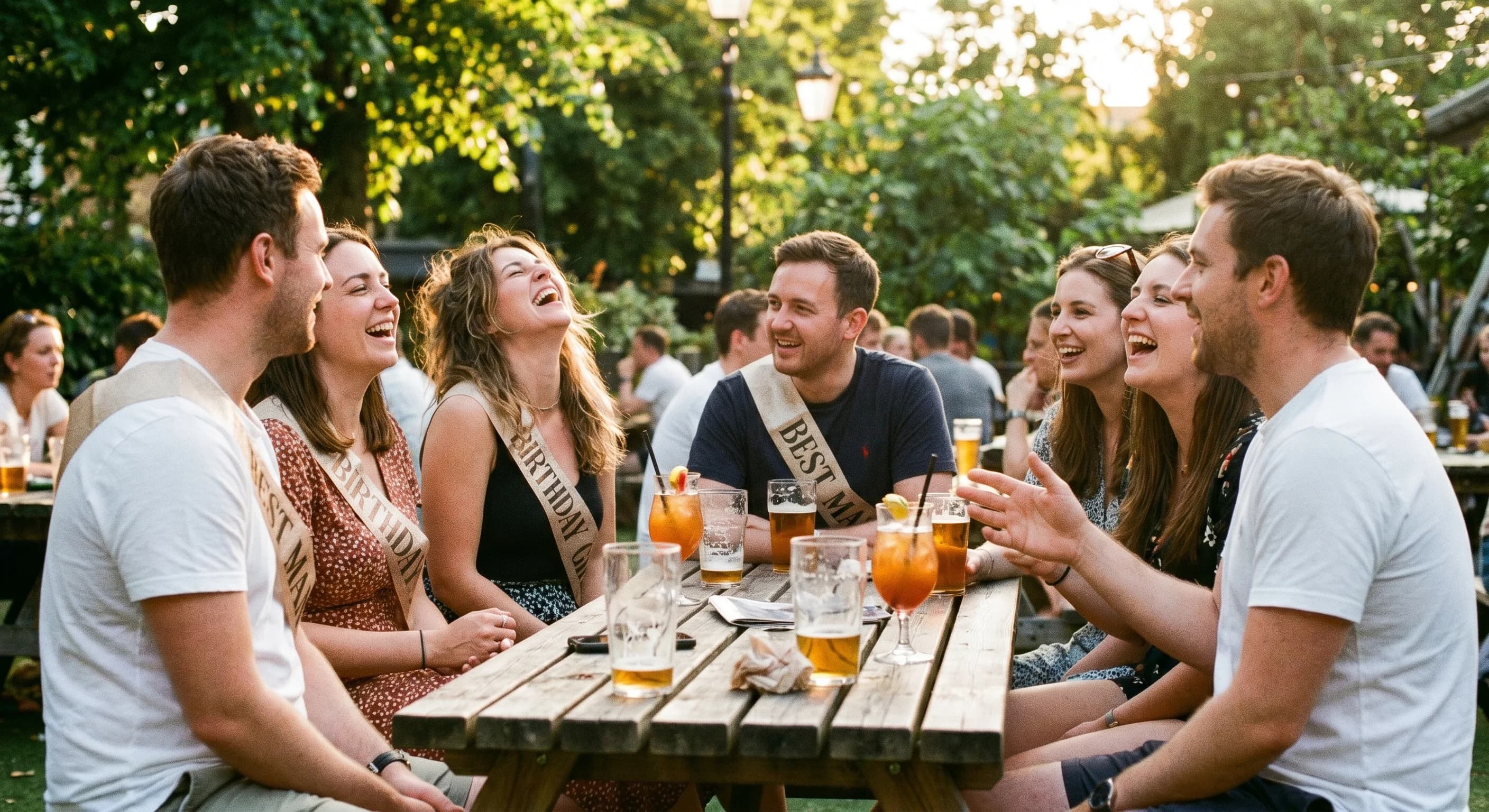 A lively group of friends laughing together around a table in a pub garden on a sunny afternoon, drinks and party hats on the table, candid and warm