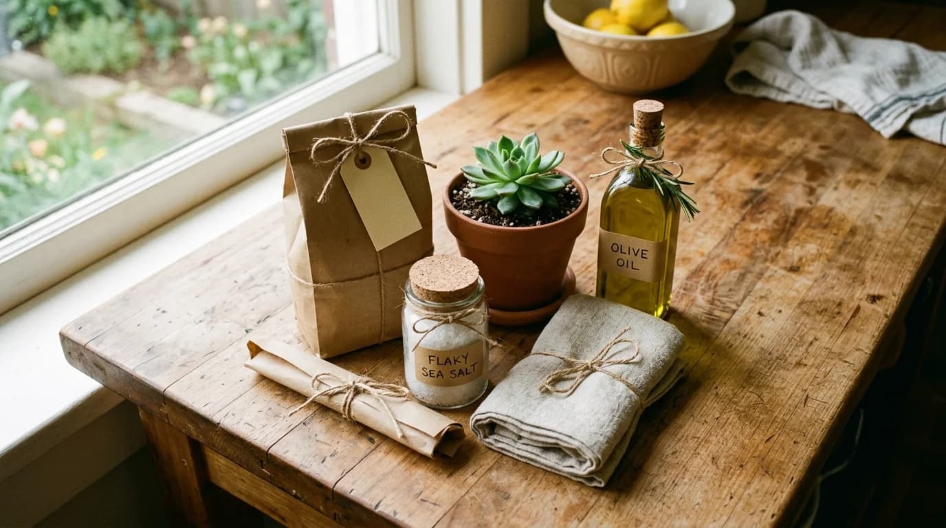 A small assortment of hostess gifts arranged on a kitchen counter