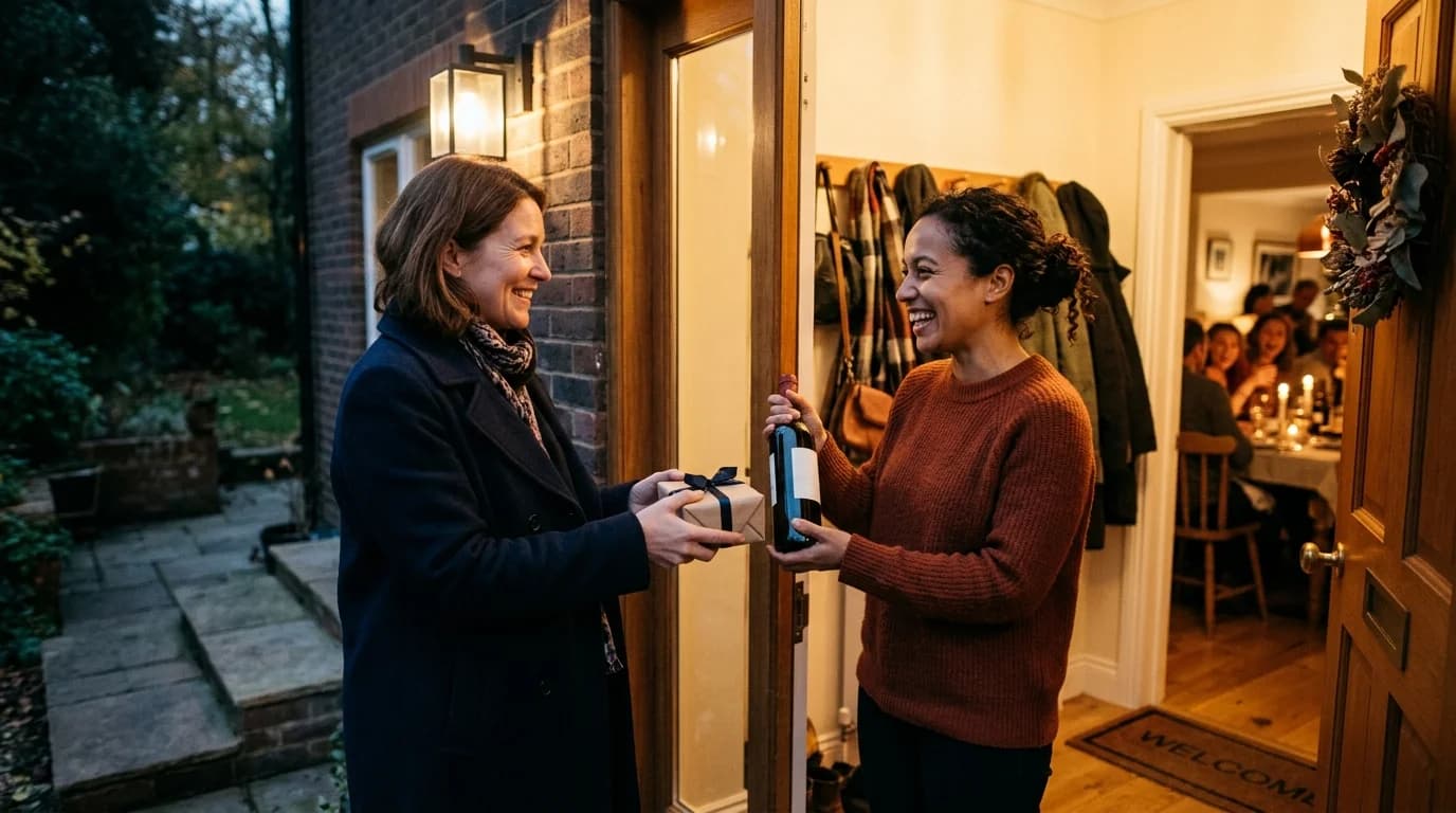 A guest handing a small gift to the host at the front door