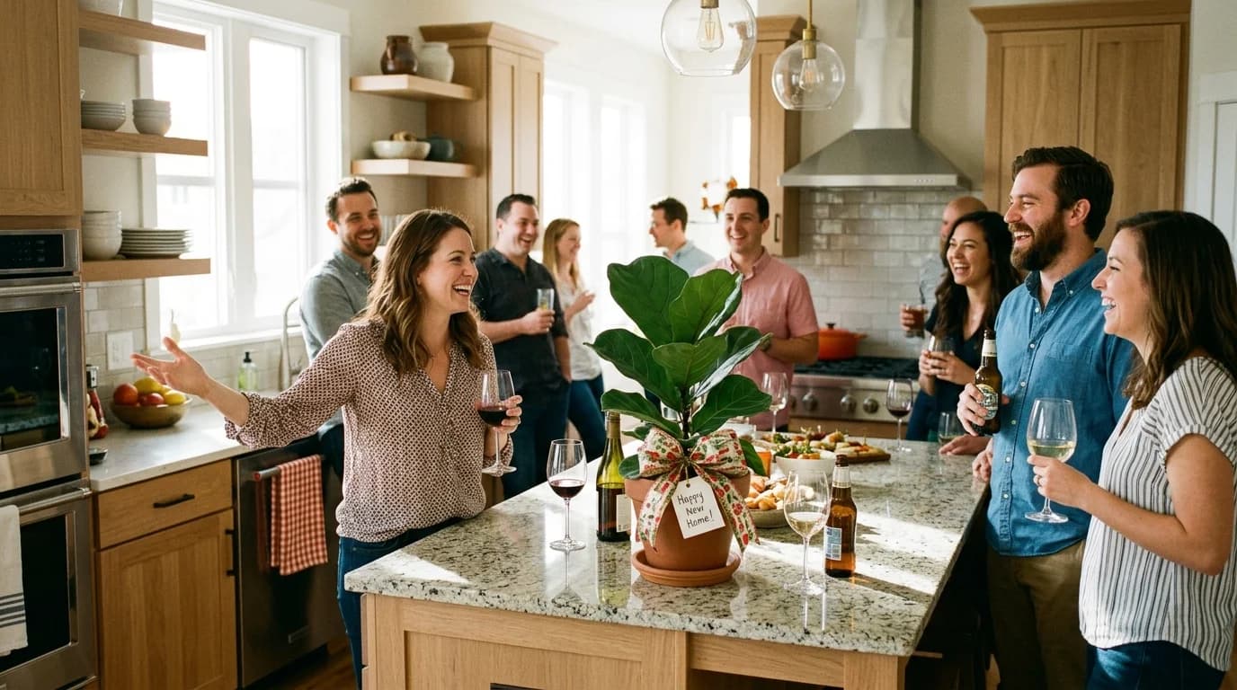 Guests laughing in a bright new kitchen during a housewarming party