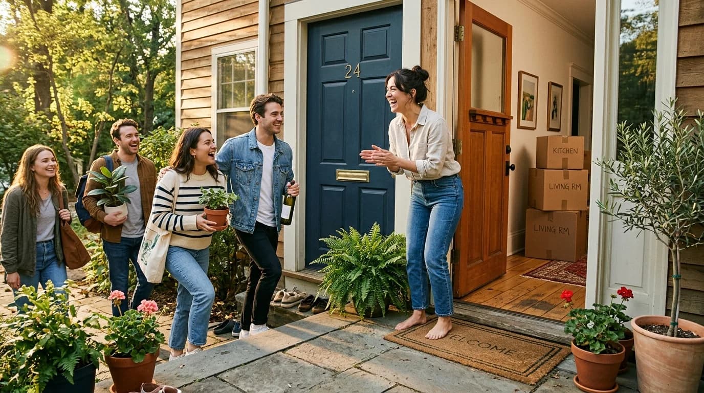 Friends being welcomed at the front door of a new home