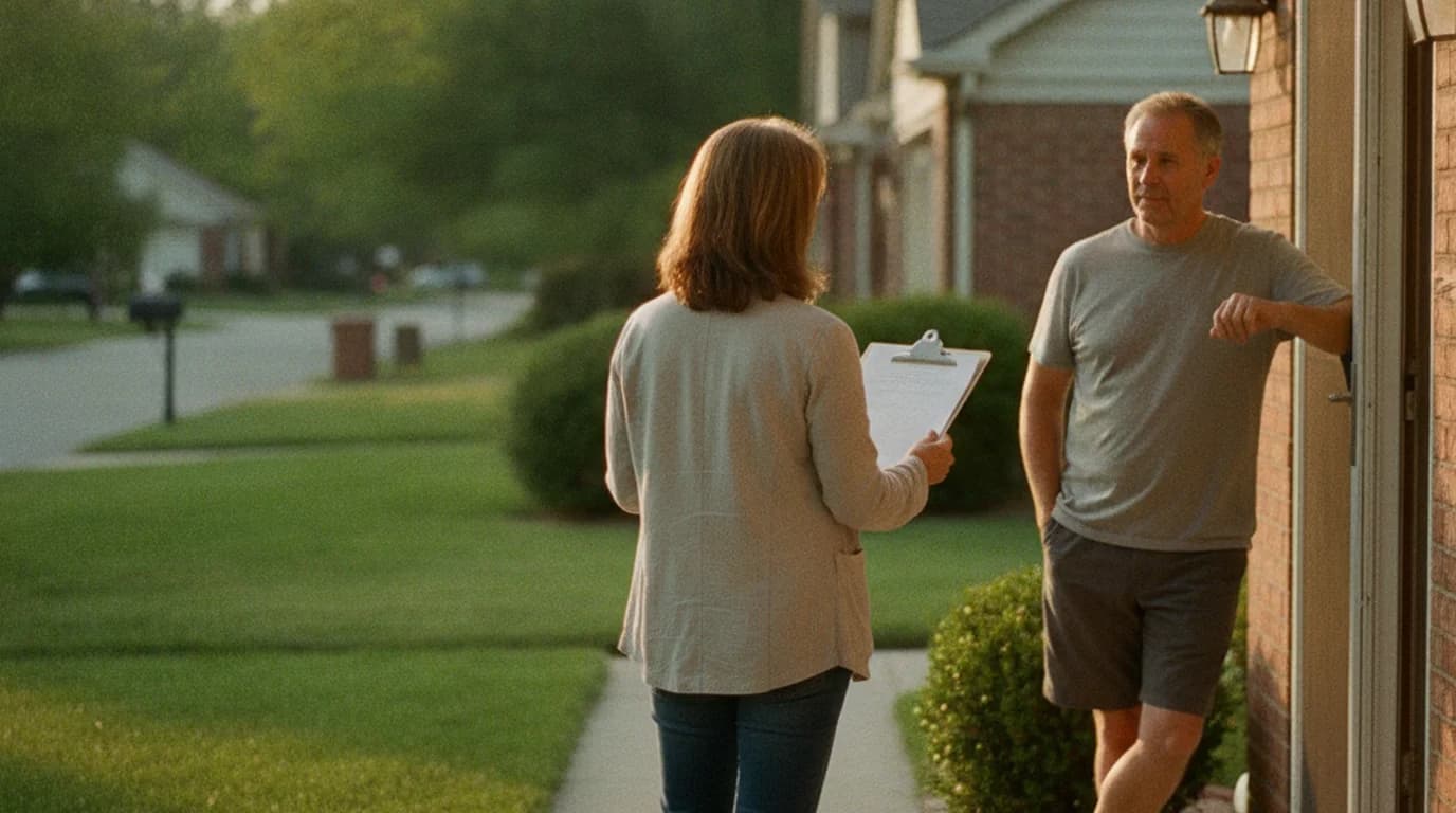 A woman with a clipboard talking to a neighbor in their doorway while collecting signatures