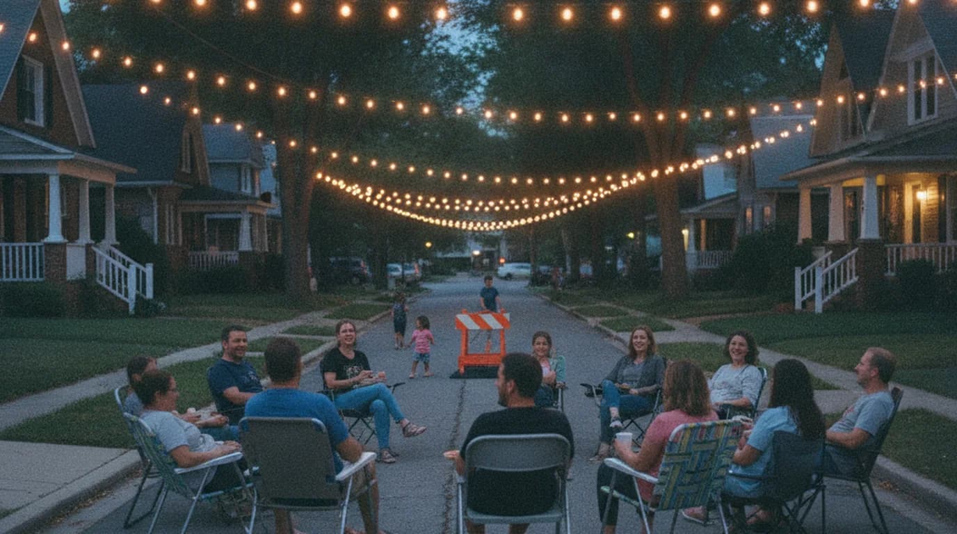 A neighborhood block party at dusk with string lights over the street and neighbors sitting in a circle of folding chairs