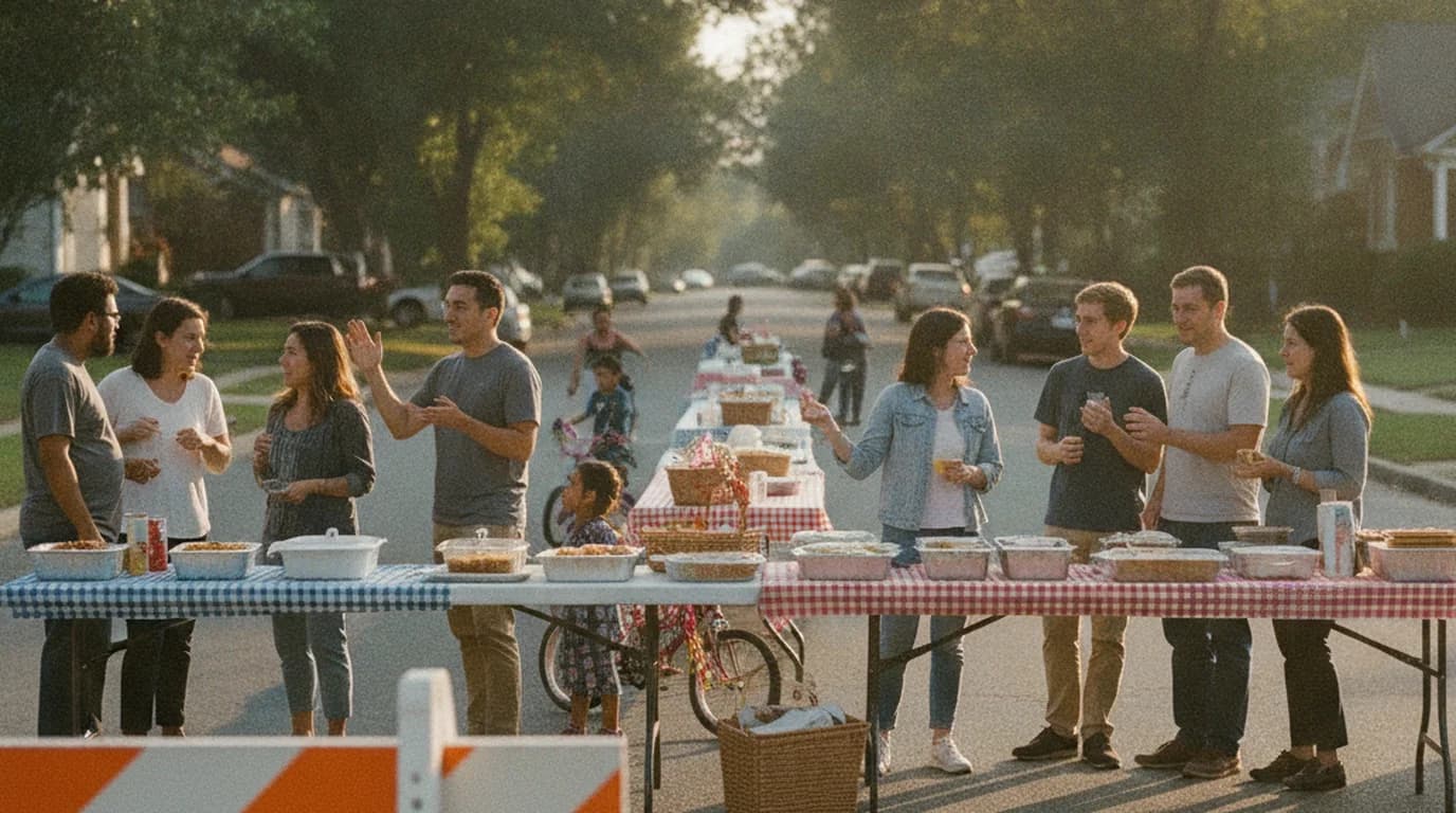A residential street closed for a block party with a traffic barricade at the corner and neighbors gathered at folding tables