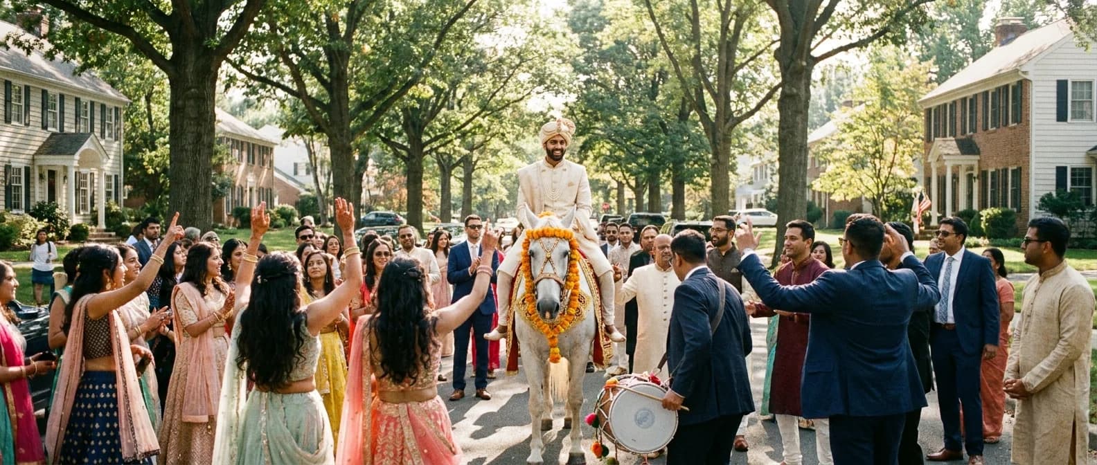 A groom arriving at his baraat on a decorated white horse as a mixed crowd of guests dances in the street