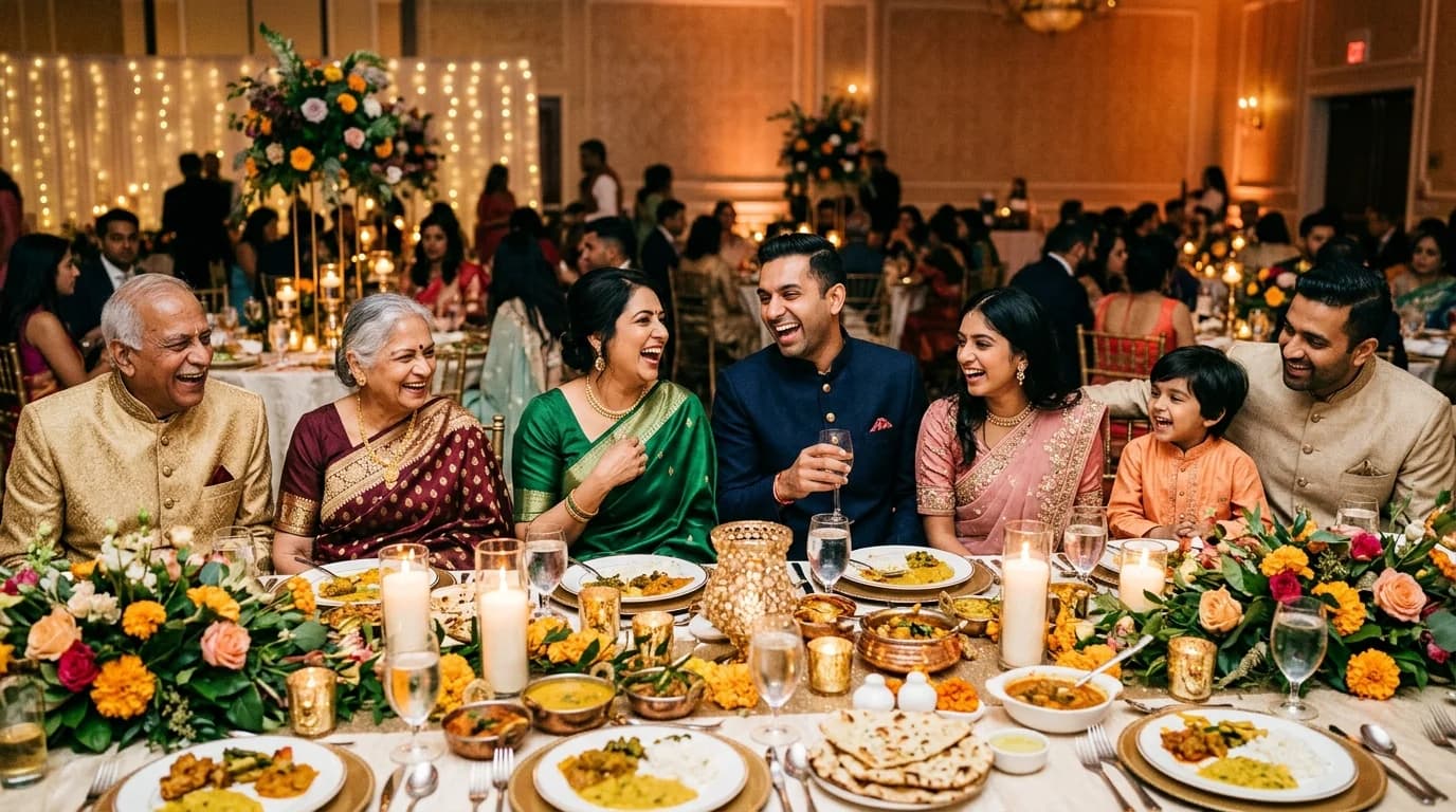 A multigenerational family in Indian formalwear laughing around a candlelit reception dinner table
