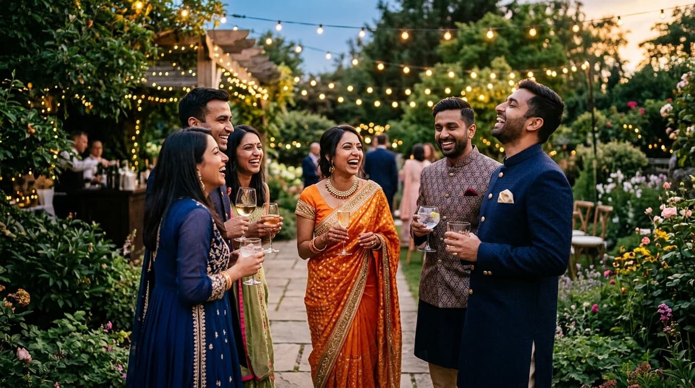 Well-dressed guests holding drinks and laughing at a string-lit Indian wedding reception cocktail hour