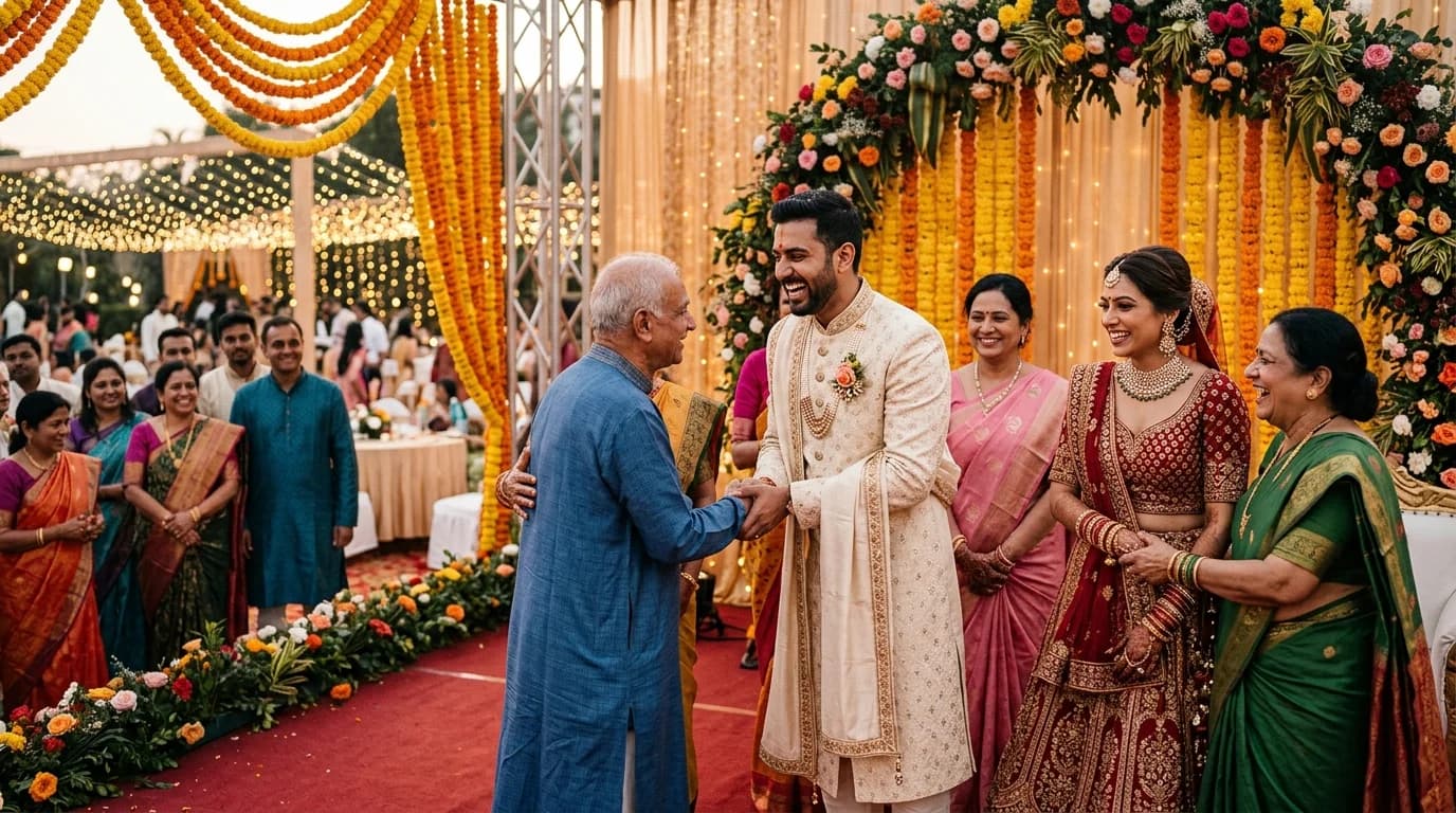 An elegantly dressed couple greeting guests on a flower-decorated reception stage at an Indian wedding