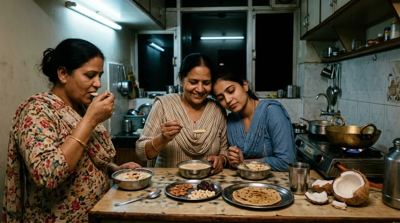 A pre-dawn sargi in a home kitchen: bowls of feni in warm milk, dry fruit and a paratha under a single ceiling light