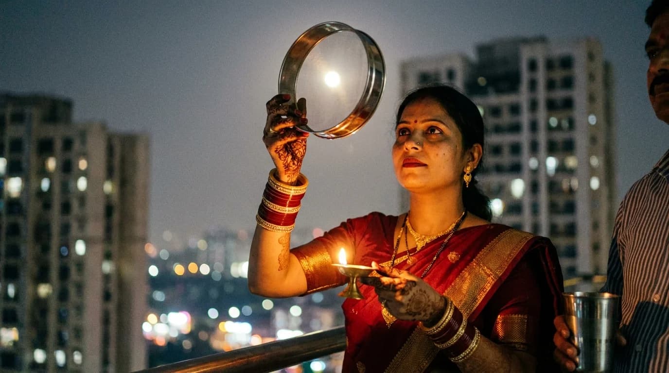 A woman on an apartment balcony looking at the rising moon through a decorated sieve, holding a small brass lamp