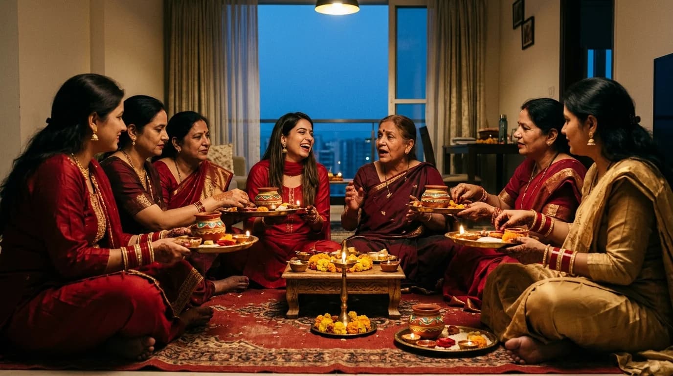 Women in red and maroon outfits sitting in a circle on the floor of an apartment, passing decorated puja thalis before moonrise