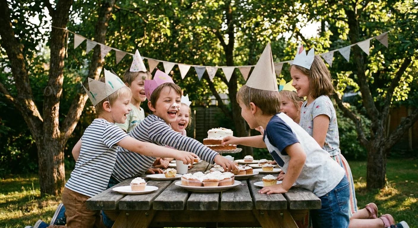 Kids in party hats reaching for cupcakes at a backyard birthday table