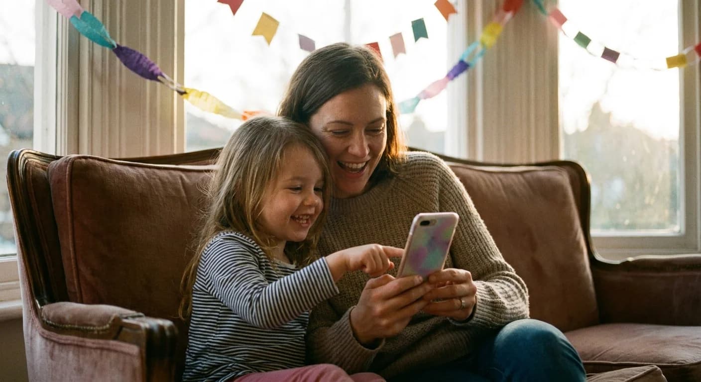 A parent and child looking at a colorful birthday invitation on a phone together on the couch