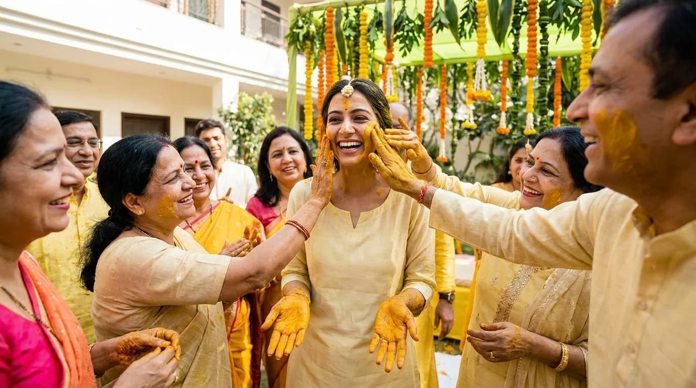 Family smearing bright yellow turmeric haldi paste on a laughing bride-to-be outdoors