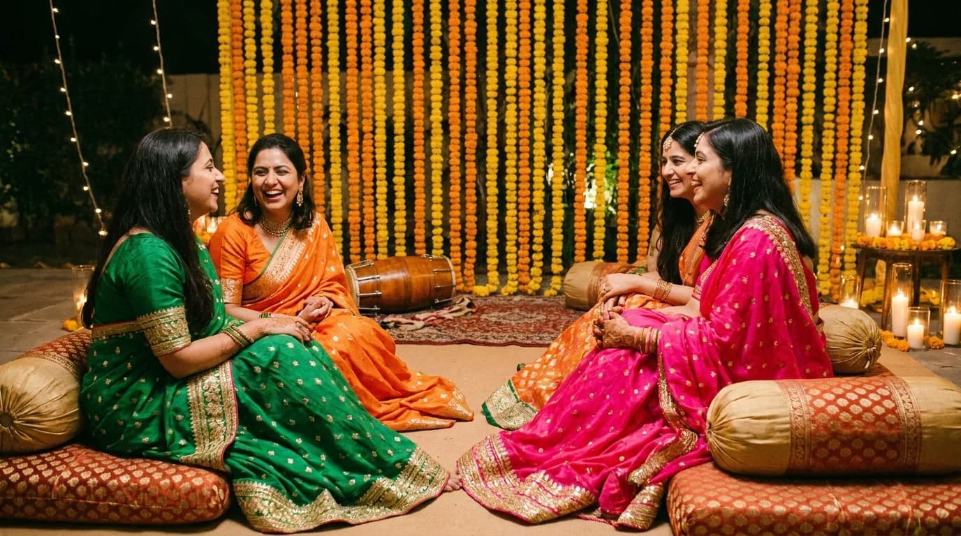 Guests in yellow and bright colors seated on the floor at a marigold-decorated mehndi celebration with a dholak
