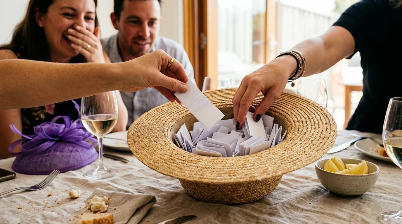 Hands pulling folded paper sweep tickets from a hat at a table set for lunch