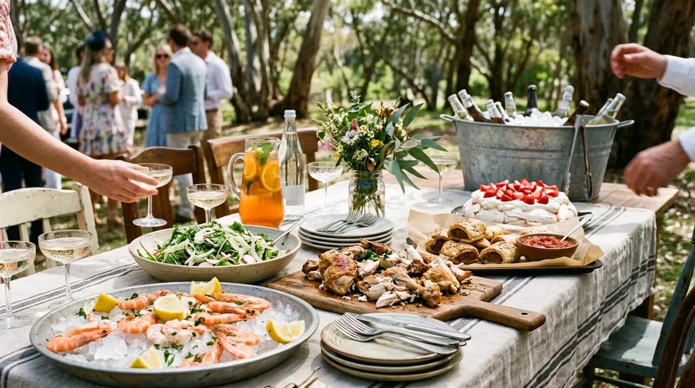 A long outdoor table with cold prawns, roast chicken, salads and a pavlova, glasses of sparkling wine