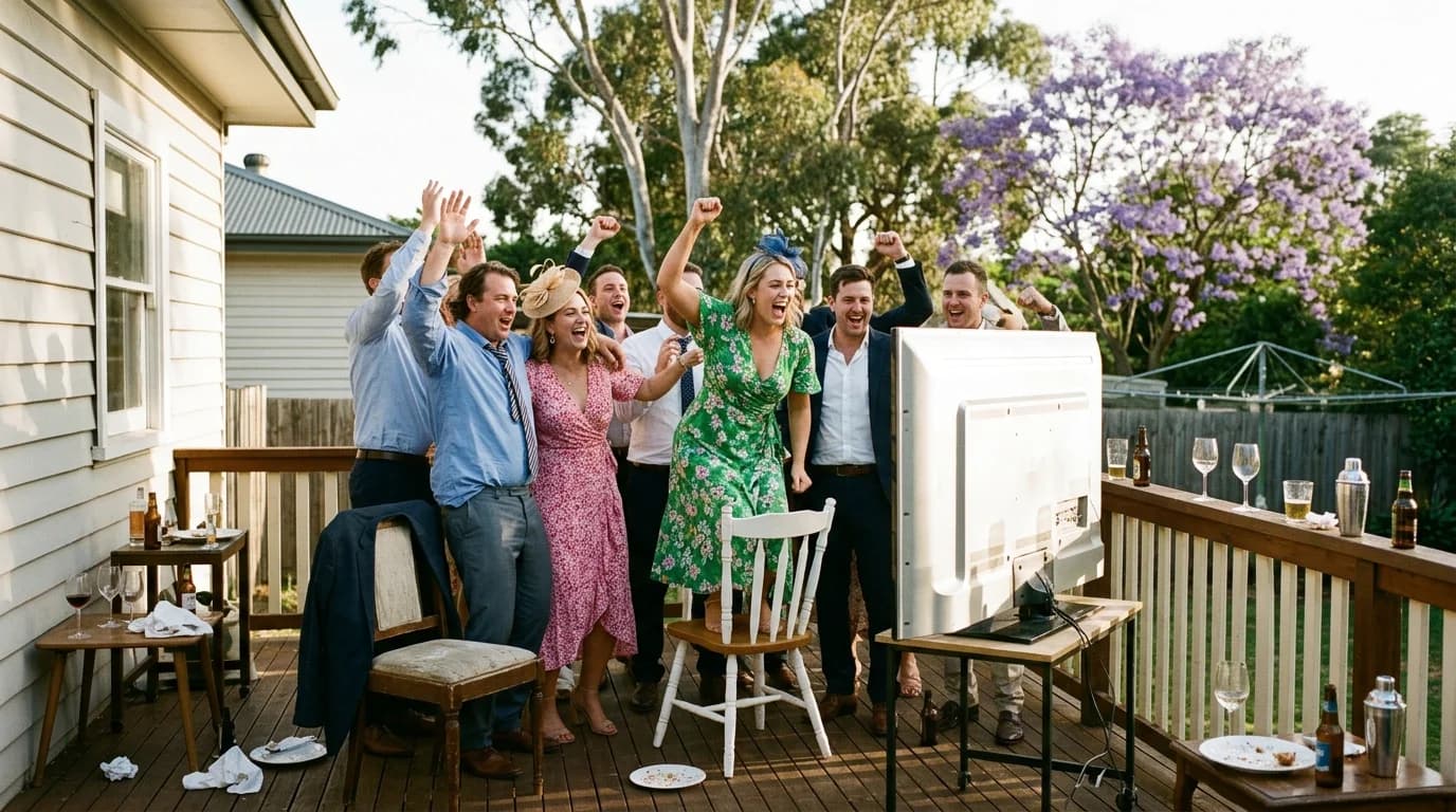 Friends in bright spring outfits and fascinators cheering around a television on a backyard deck