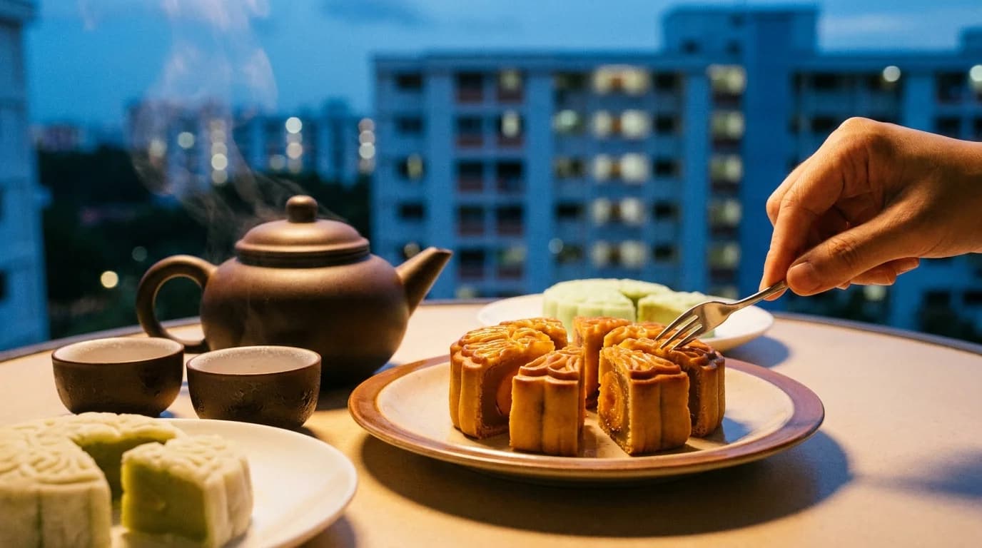 A cut baked mooncake with salted egg yolk on a small plate beside a pot of pu-erh tea and cups on a balcony table