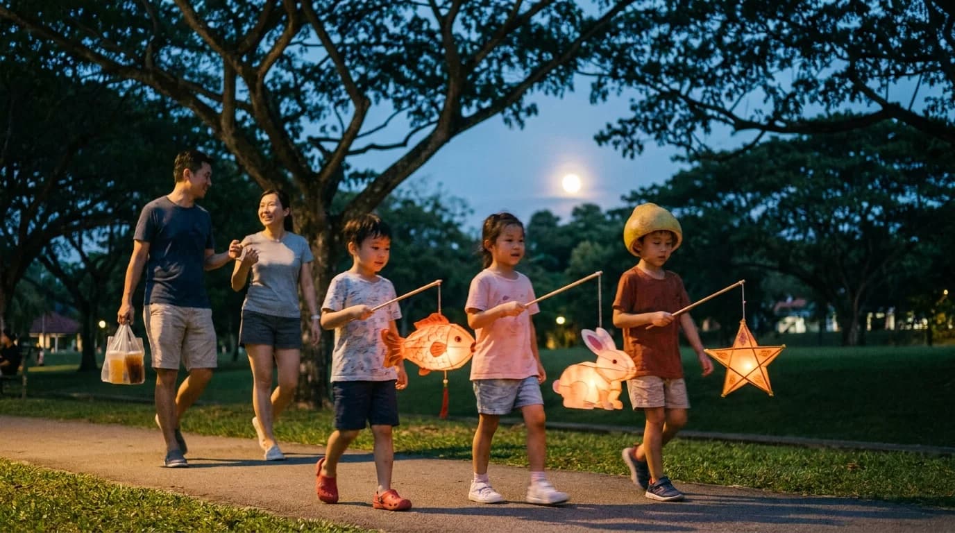 Children walking through a Singapore park at dusk carrying glowing paper lanterns while adults follow behind