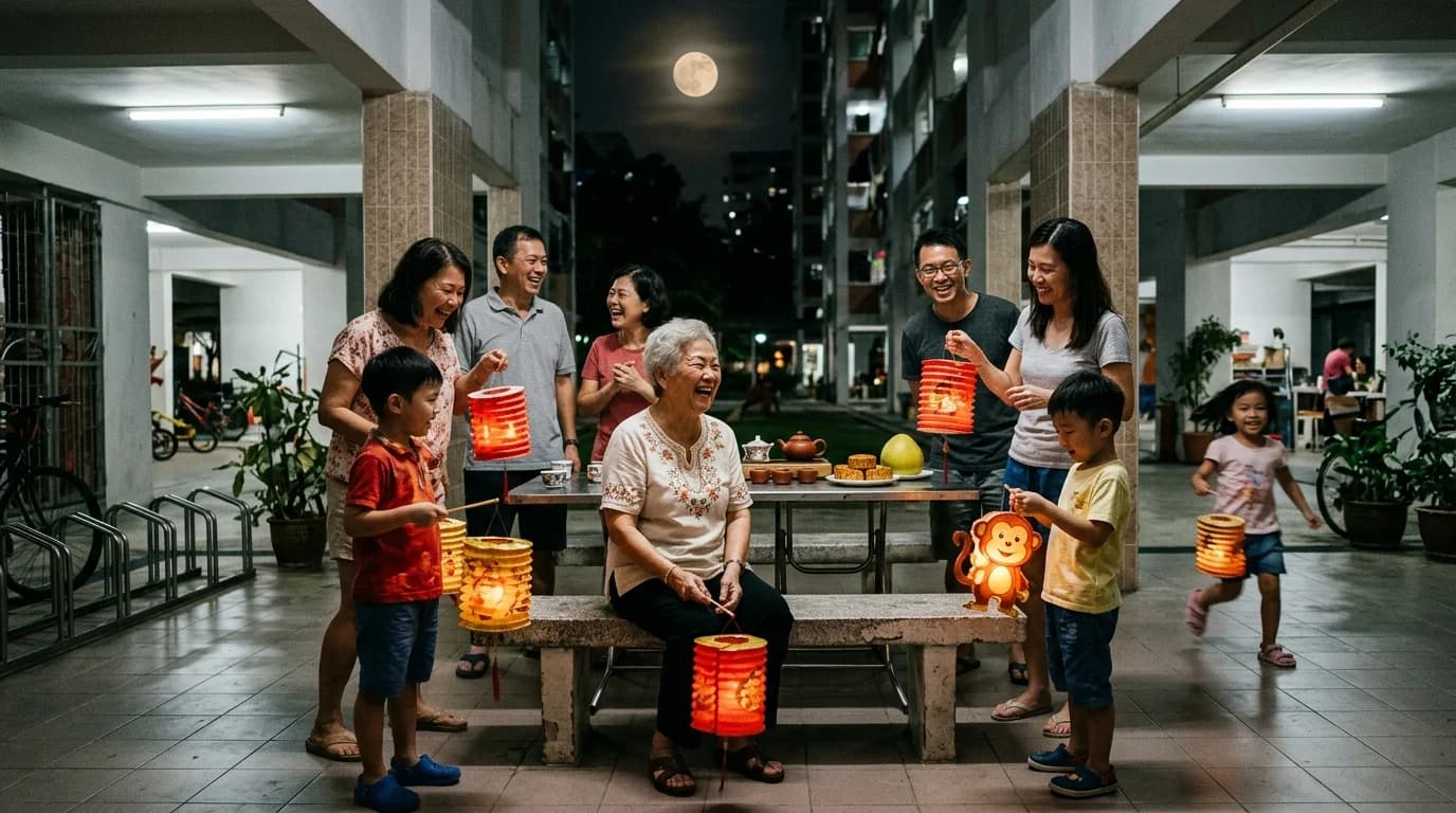 Friends and children holding paper lanterns in an HDB void deck at night under a full moon