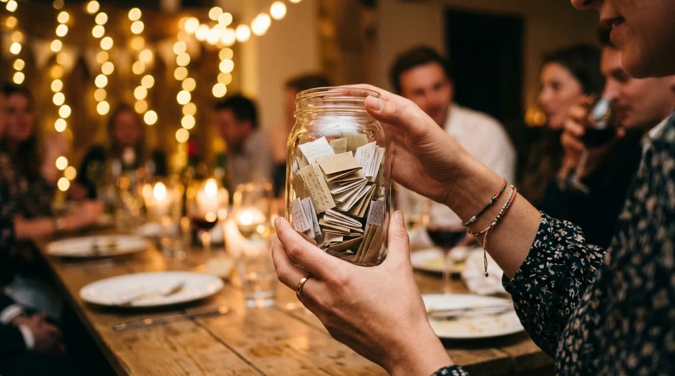 Hands holding a jar of folded handwritten notes at a birthday gathering