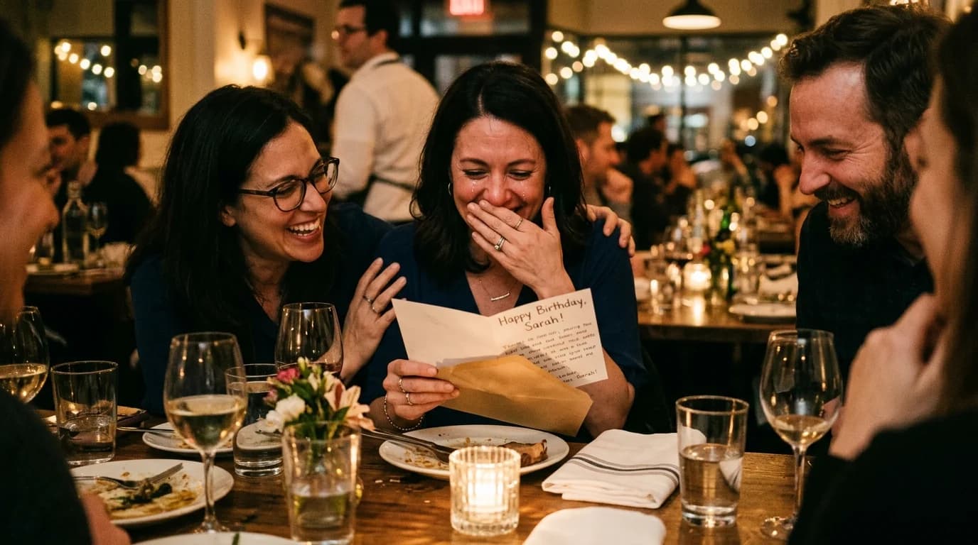 A woman opening an envelope gift at a milestone birthday dinner