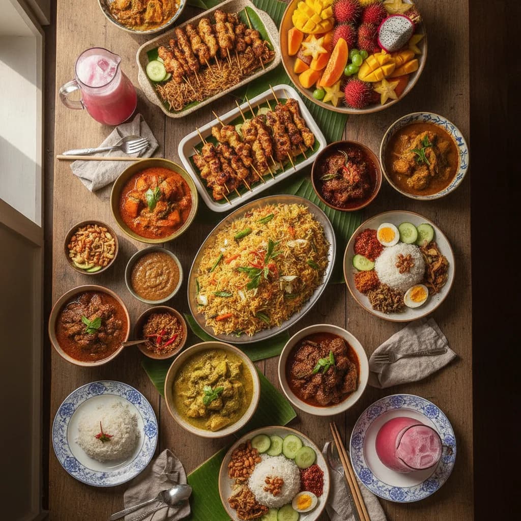 A shared Singapore party spread with vegetable biryani, satay skewers, curries, cut fruit and jugs of pink bandung on a long table