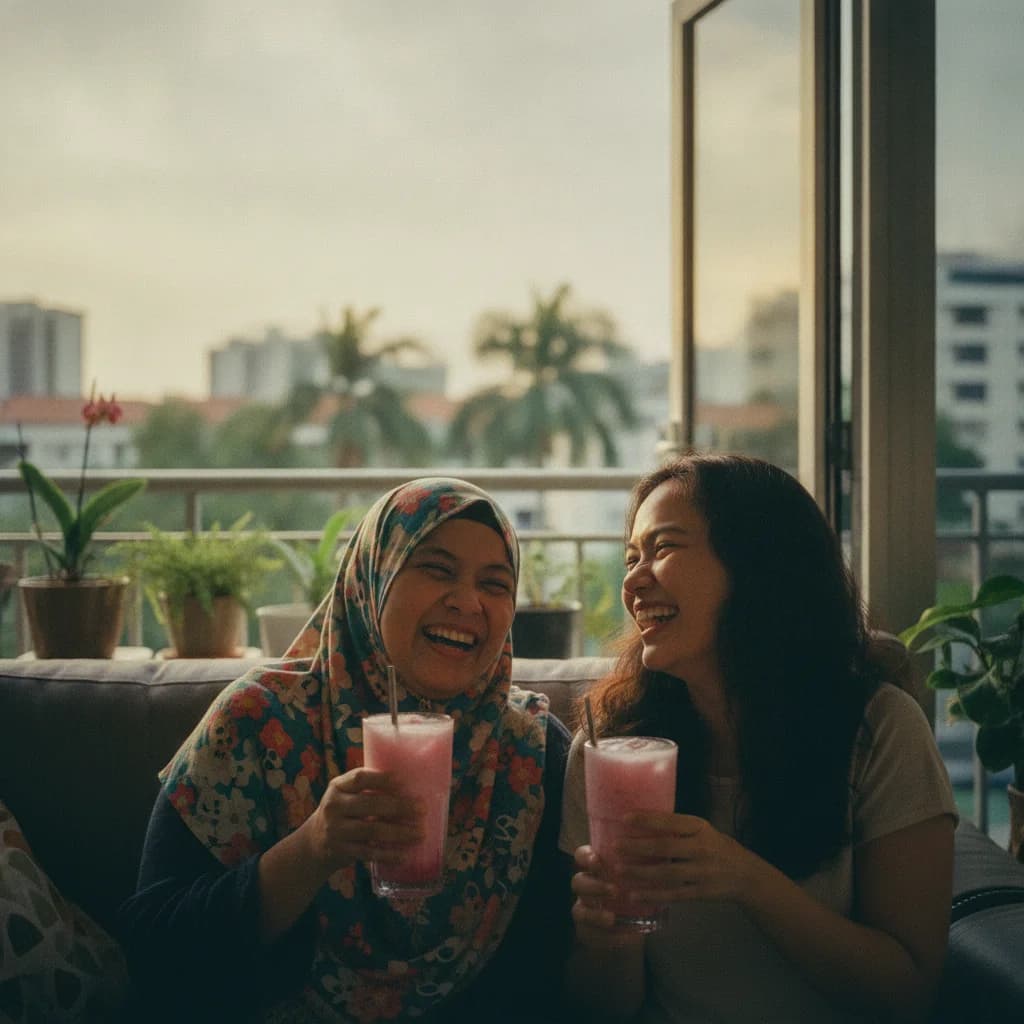 Two friends, one wearing a tudung and one not, laughing together over glasses of bandung at a Singapore gathering