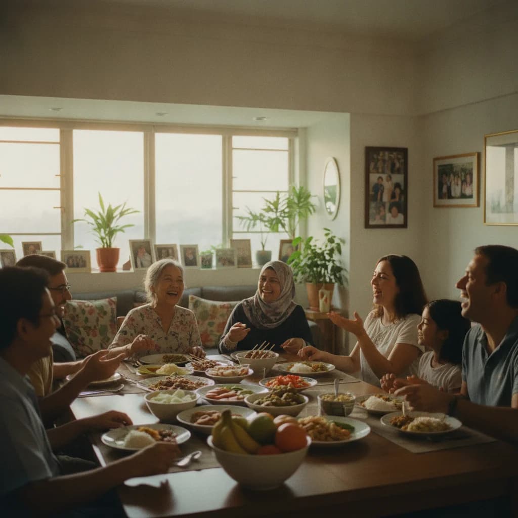 A multigenerational Singapore gathering of Chinese, Malay, Indian and Eurasian guests sharing food around a table in an HDB living room