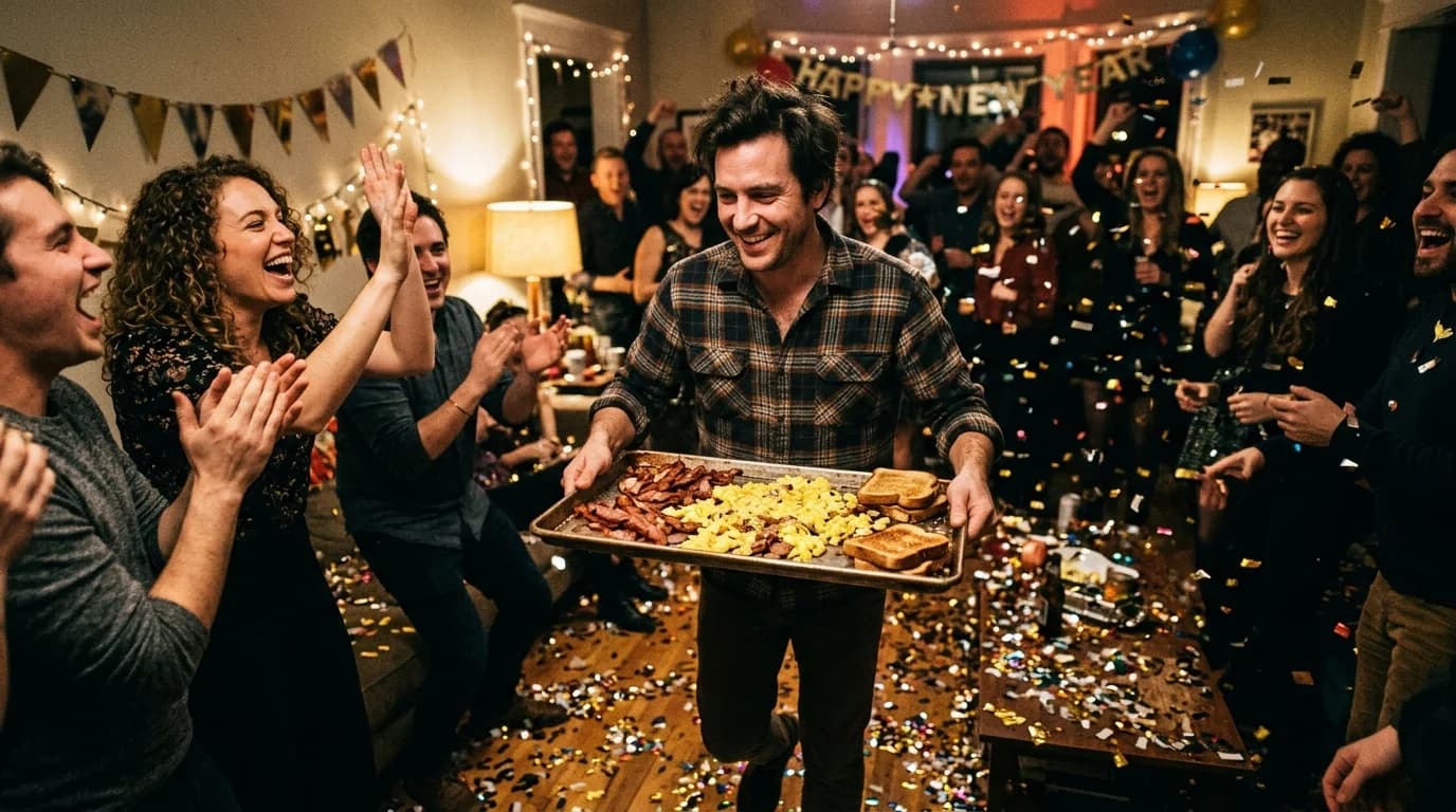 A host carrying a tray of post-midnight breakfast into a confetti-covered room