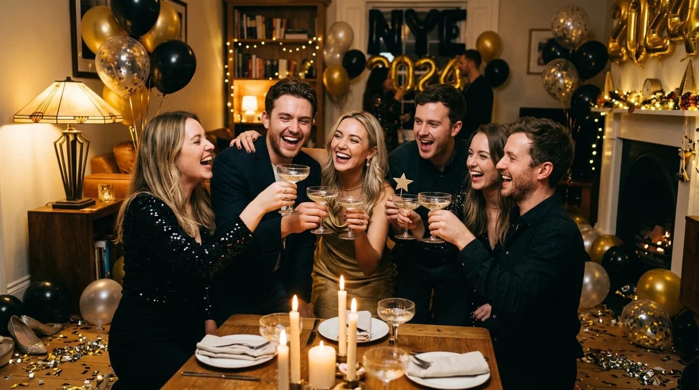 Friends toasting with coupe glasses at a home New Year's Eve party