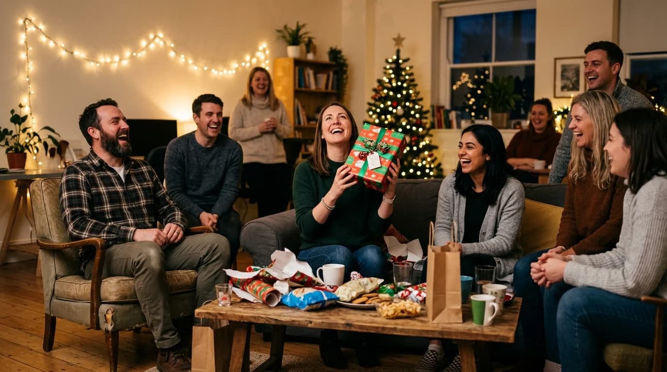 A white elephant gift exchange with coworkers reacting to an unwrapped gift