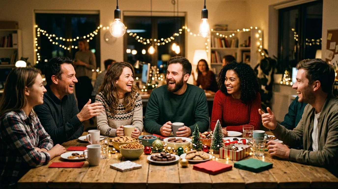 Coworkers laughing around a long table decorated with string lights