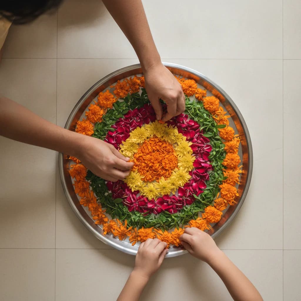 Hands and a child arranging marigold, chrysanthemum and rose petals into a circular pookalam on a steel tray in a Singapore flat