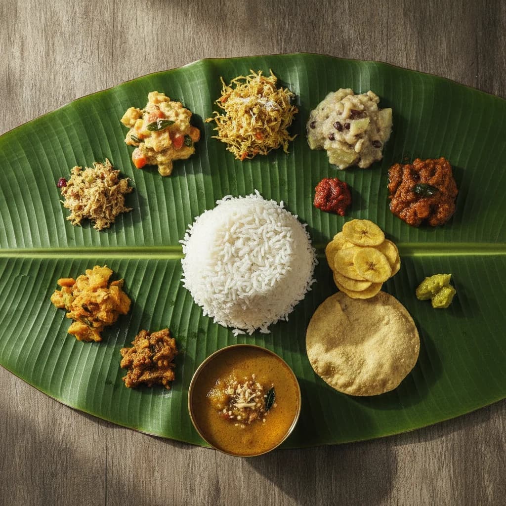 Overhead view of an Onam Sadhya laid on a green banana leaf with rice and many small Kerala curries and pickles