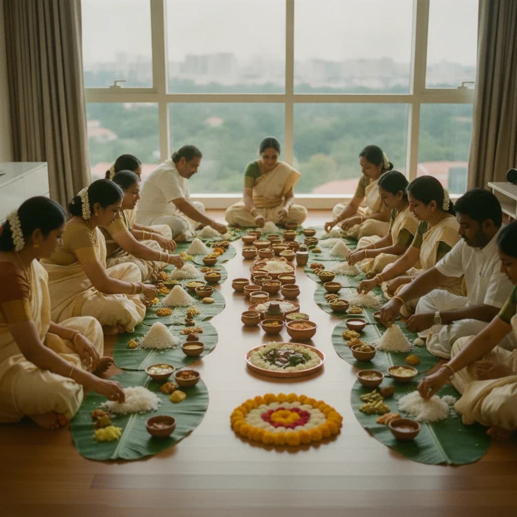 A Singapore Malayali family in kasavu mundu and saree gathered around an Onam banana-leaf feast in an HDB living room