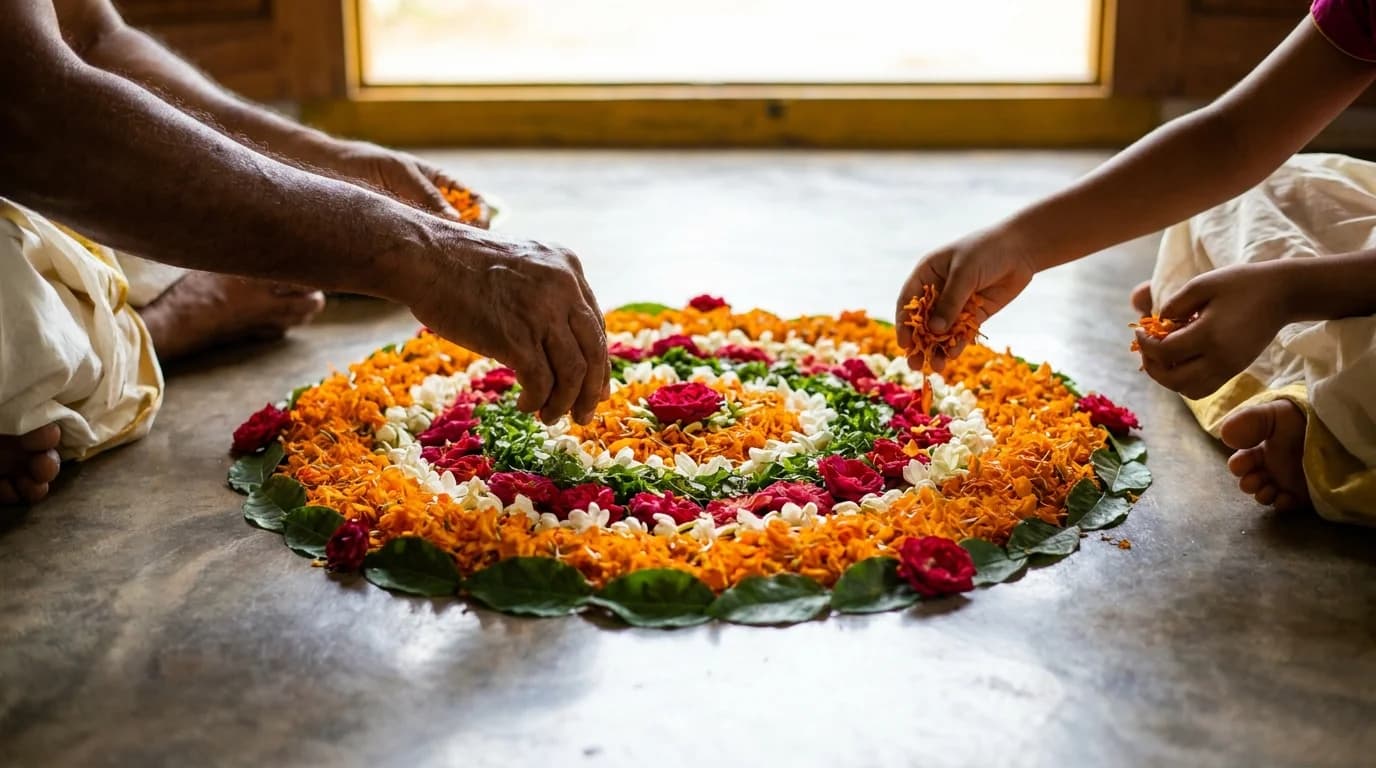 Hands arranging marigold and rose petals into a circular pookalam flower design on the floor