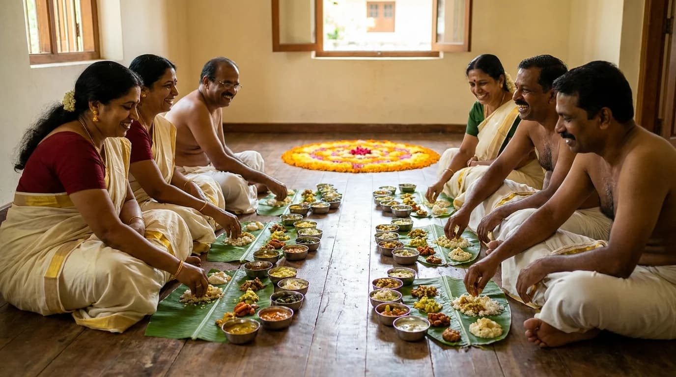 Family seated on the floor in festive Kerala clothes eating an Onam Sadhya from banana leaves