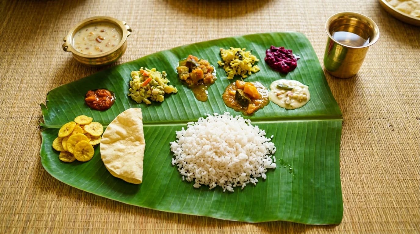 Overhead view of a traditional Onam Sadhya served on green banana leaves with rice and many small curries