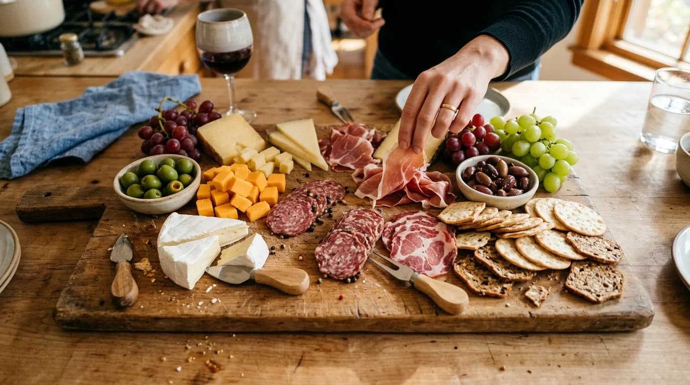 An overhead view of a large cheese and charcuterie board with a hand reaching in