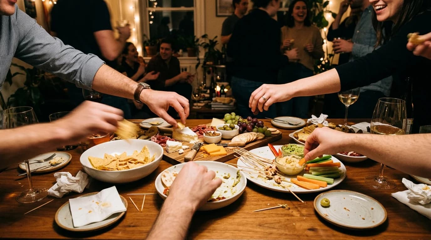 A busy appetizer table with hands reaching for food from all sides