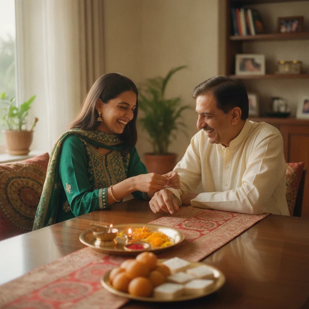 A sister tying a rakhi on her brother's wrist at a festive home table set with marigolds, a brass thali and sweets
