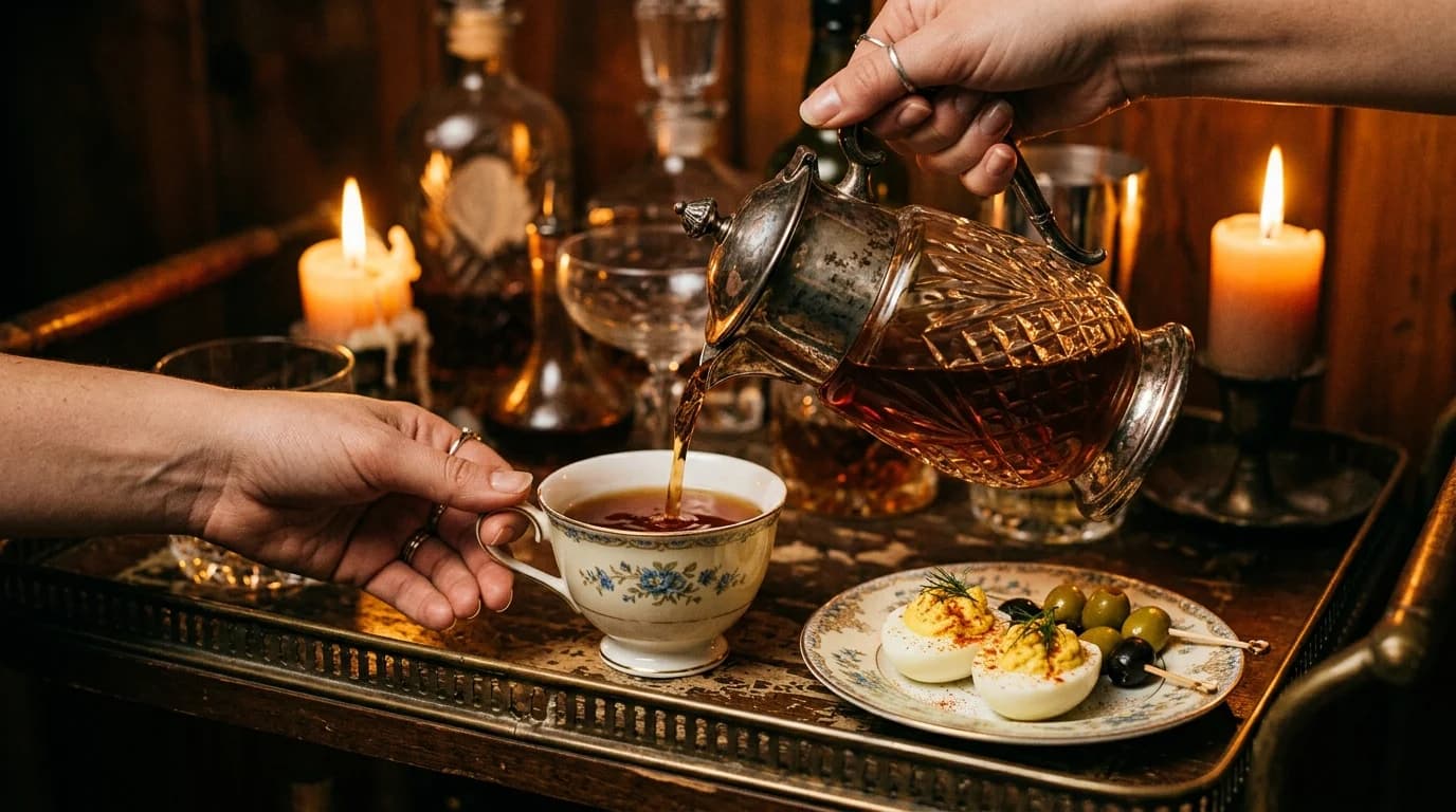 A cocktail being poured into a vintage teacup beside deviled eggs at a 1920s party