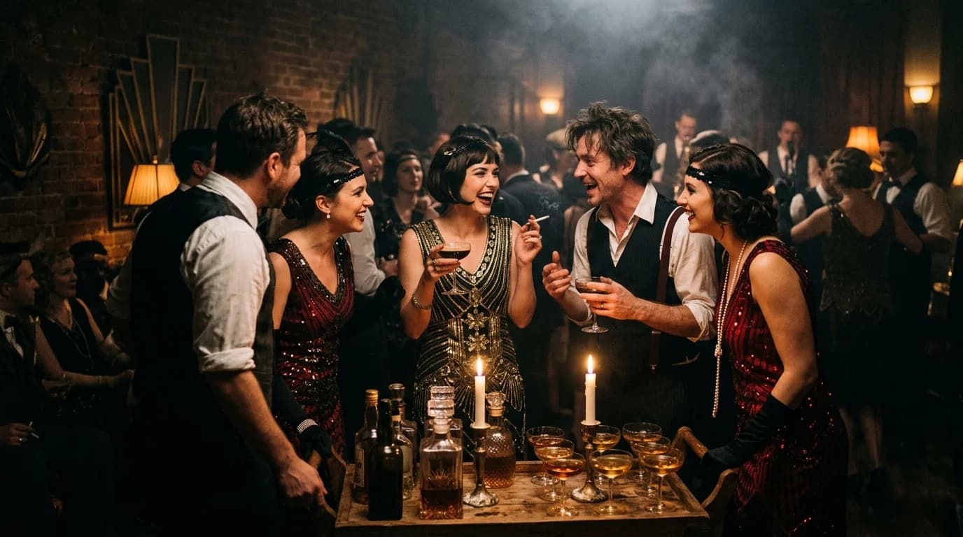 Guests in 1920s attire gathered around a candlelit bar cart at a speakeasy-style party