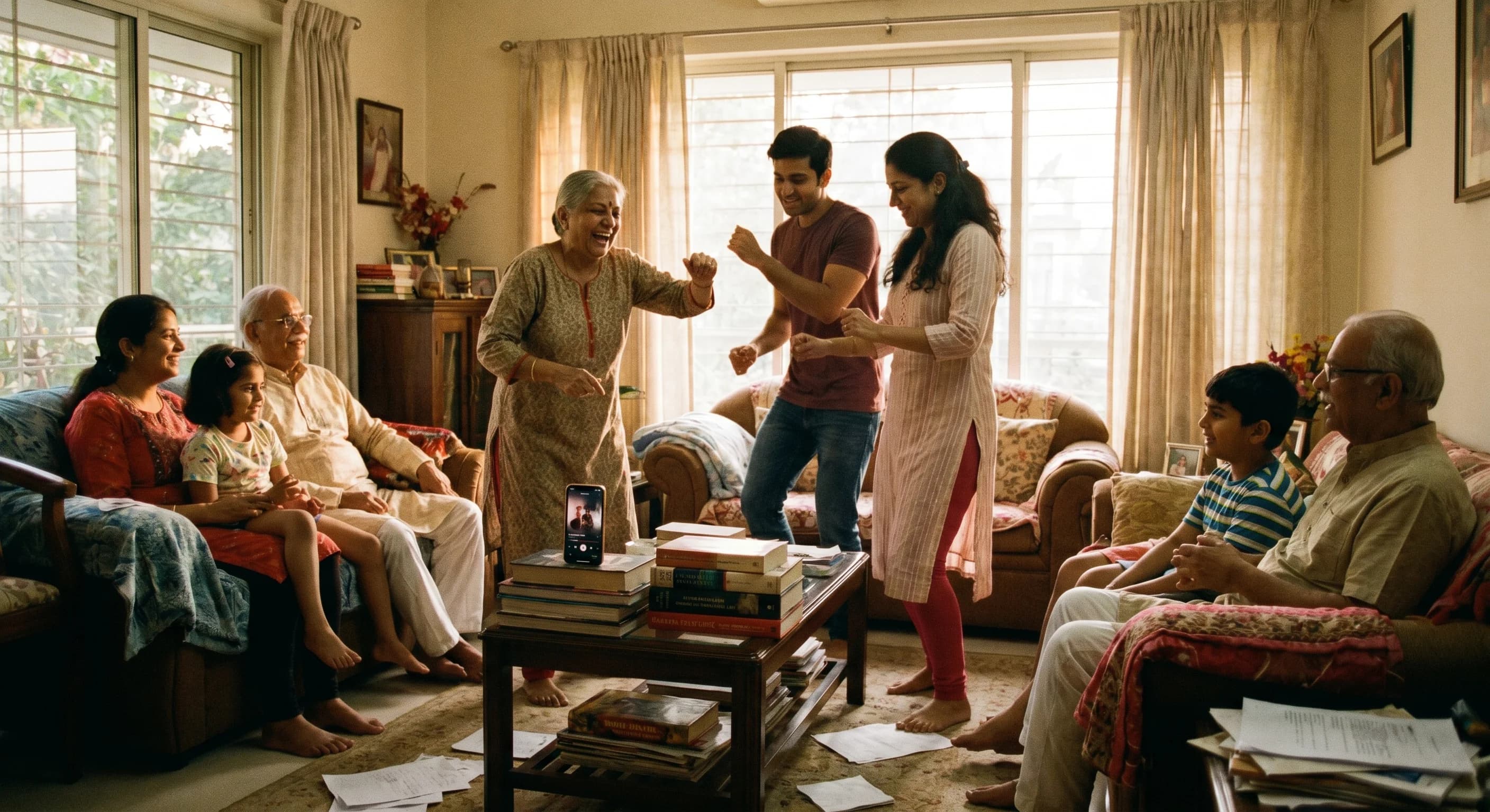 A family rehearsing a Bollywood dance routine in a living room ahead of a sangeet
