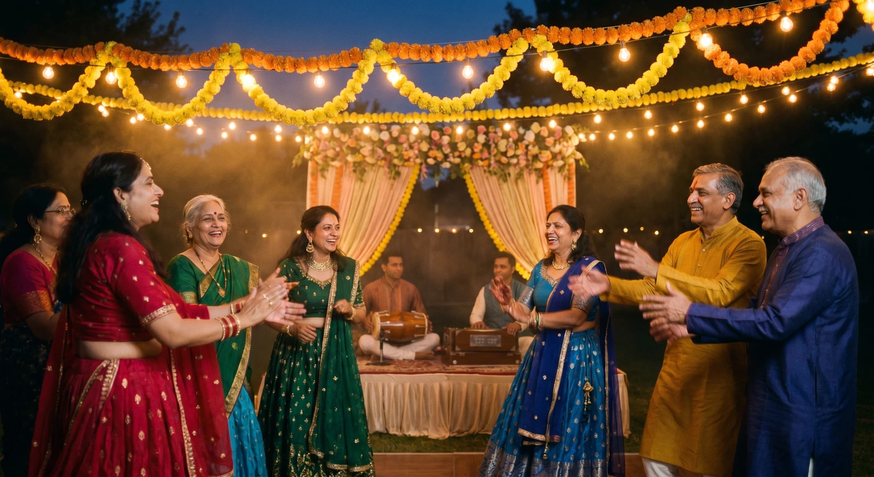 An extended Indian family dancing under warm string lights at a sangeet night with marigold decor