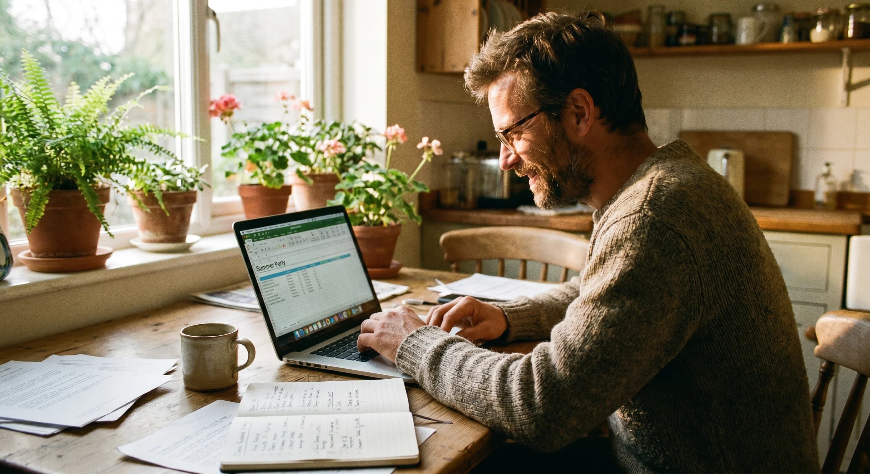 A host at a kitchen table reviewing a guest list on a laptop with guests from several countries