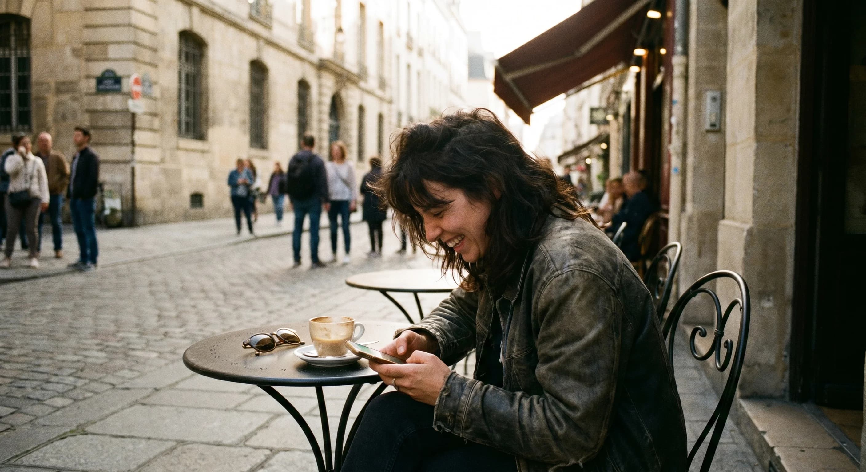 A person at a sunny outdoor cafe table abroad smiling at a party invitation that just arrived on their phone