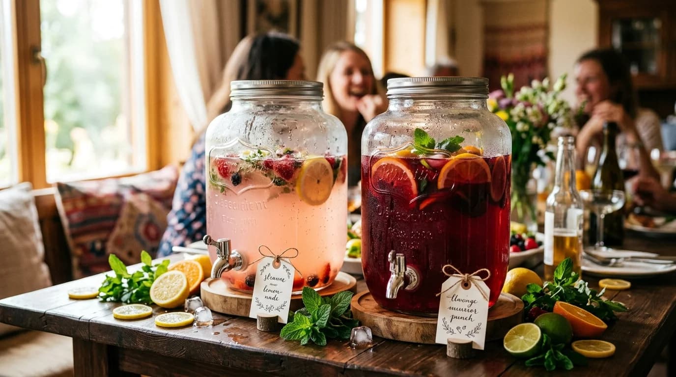 Two drink dispensers with name cards and citrus garnishes on a party table
